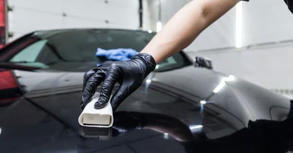 Gloved hand polishing a black car hood with a microfiber applicator in a garage