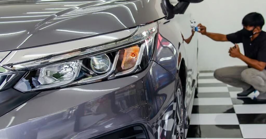 Silver car being polished in a showroom, with a detailer crouching beside the front bumper.