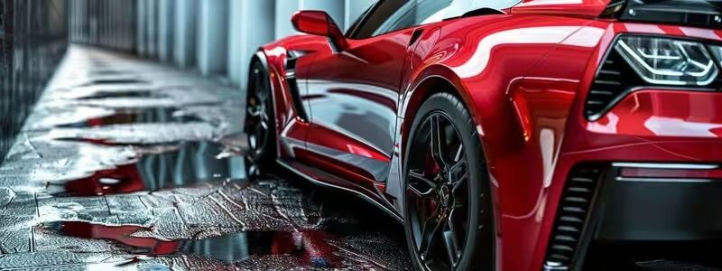 Red sports car parked in a wet tunnel, with reflections on the floor and wall