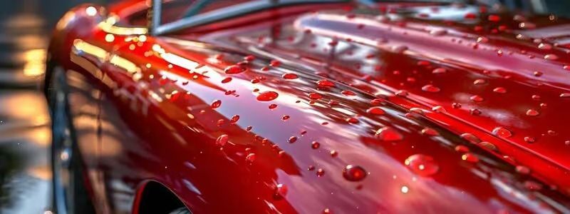 Close-up of a glossy red car hood with water droplets and blurred reflections