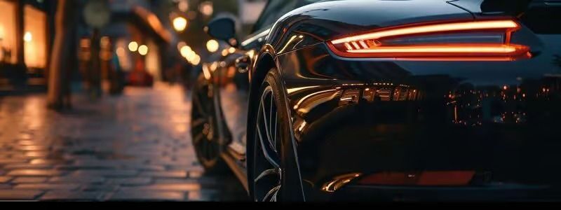 Rear view of a black sports car with glowing taillights on a wet, dimly lit street at night