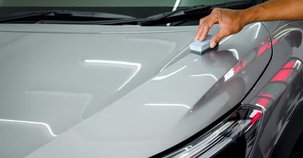 Hand polishing a gray car hood with a buffing pad in a garage