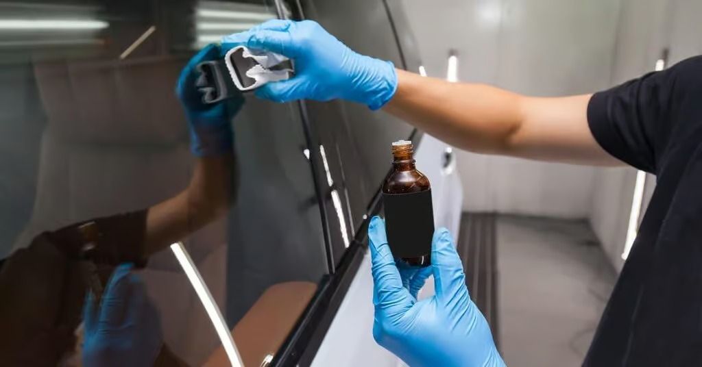 Gloved hands apply a spray bottle to a car’s black side panel in a bright detailing bay