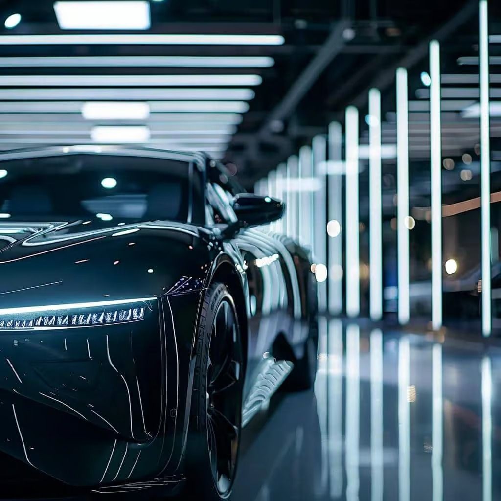 Sleek black sports car in a futuristic garage with bright ceiling lights and reflective floor