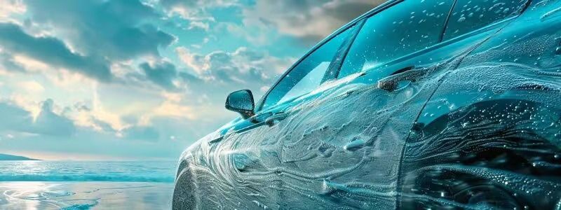 Blue sports car driving through water with splashes on a coastal road at sunset