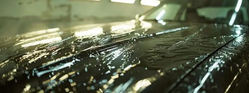 Rain-soaked car windshield at night with bright streetlights reflecting on wet glass