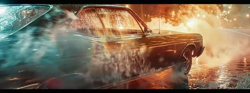 Black vintage car drifting through water at sunset, with dramatic orange glow and spray.