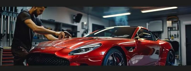 Person polishing a red sports car in an auto garage under bright lights