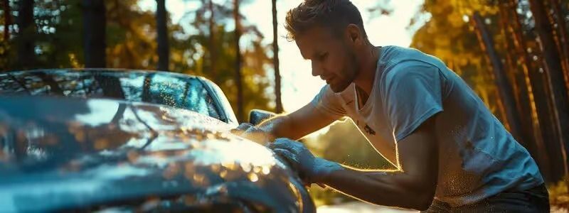 Person washing a car outdoors in warm sunlight, wiping the hood with a cloth