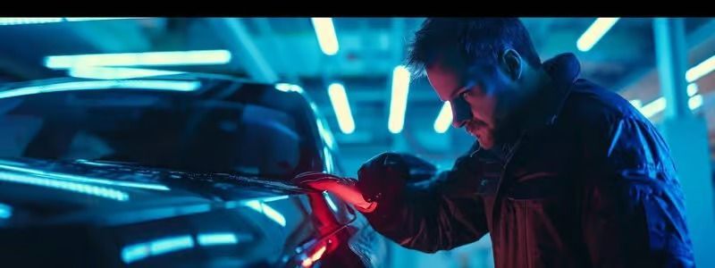 Person working on a car engine under blue neon lights, holding a red tool in a dark garage