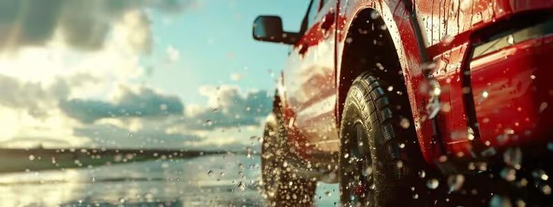 Red pickup truck splashing through water on a wet road at sunset