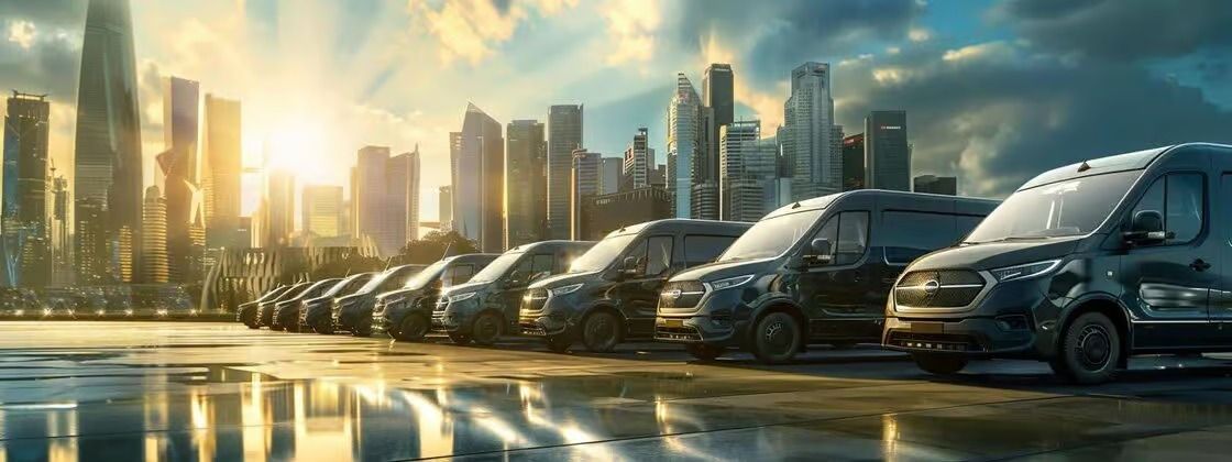 Sunlit city skyline behind a row of parked vans on a wet street