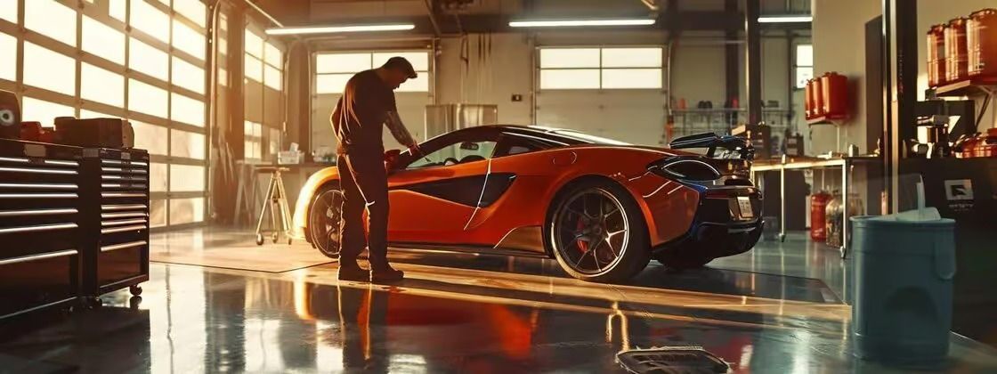 Person working on a red sports car in a sunlit auto garage
