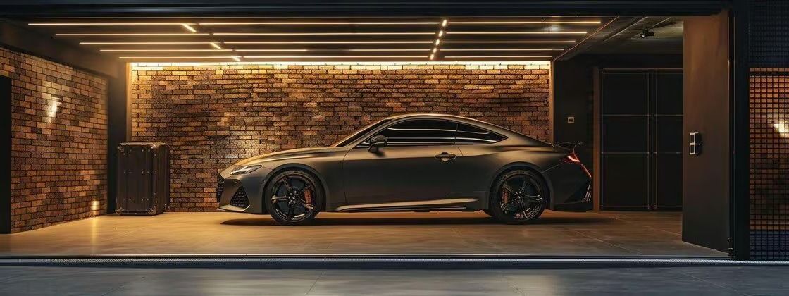 Sleek black sports car parked in a warmly lit modern garage with brick walls