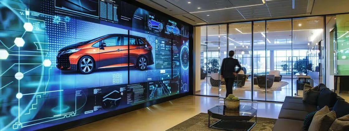 Modern car showroom with a large digital display of an orange car and people seated nearby
