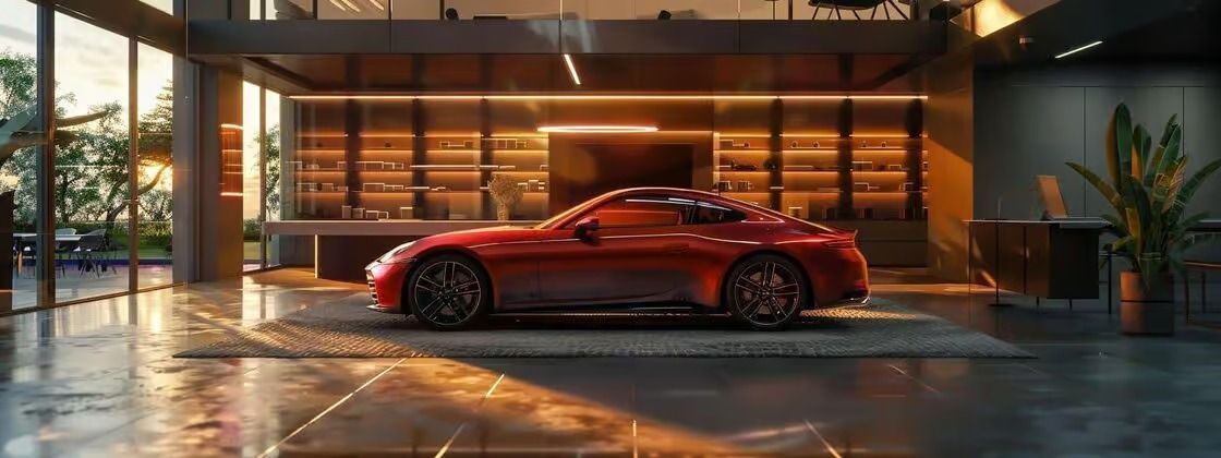 Red sports car parked in a modern hotel entrance at night, lit by warm overhead lights.