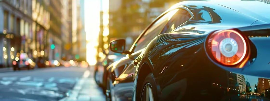 Black sports car driving on a city street at sunset, rear view with blurred buildings and lights.