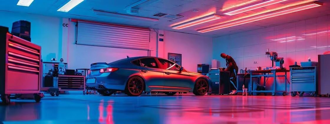 Sports car in a neon-lit garage beside tool cabinets and workshop equipment.
