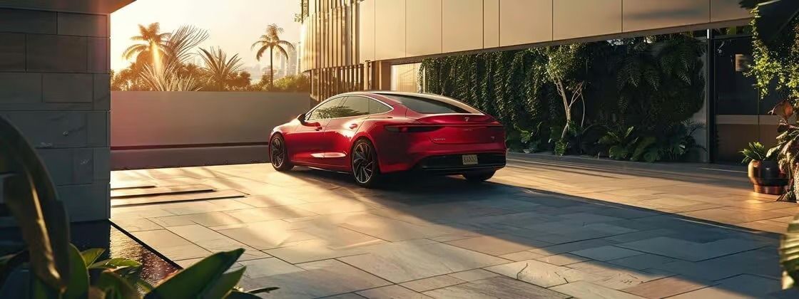 Red sports car parked in a sunlit driveway beside a modern home and palm trees