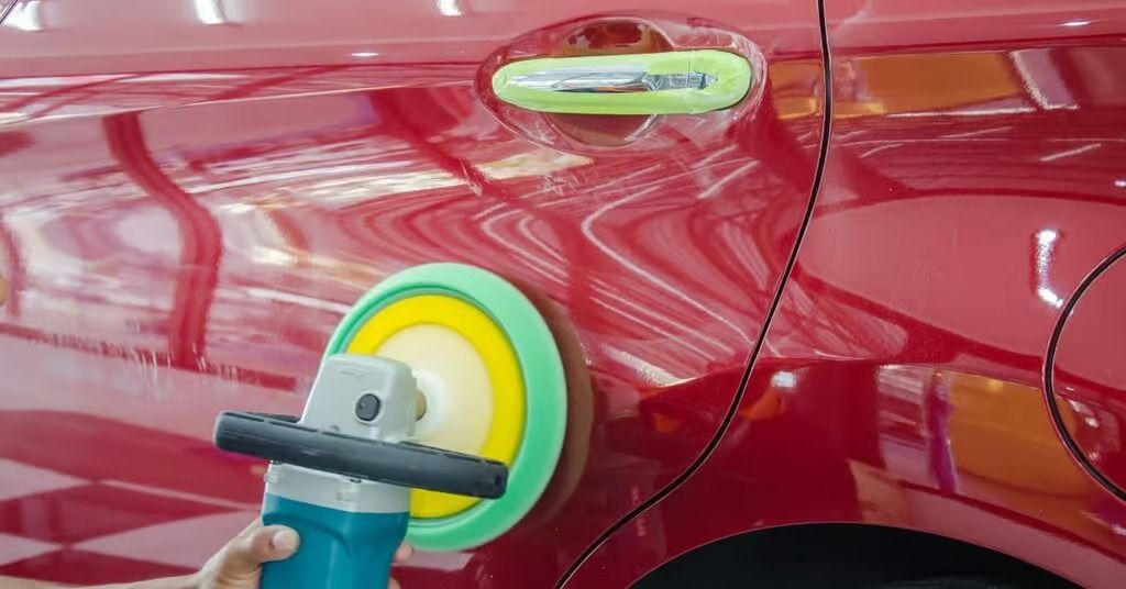 Red car being polished with a rotary buffer near the rear door handle