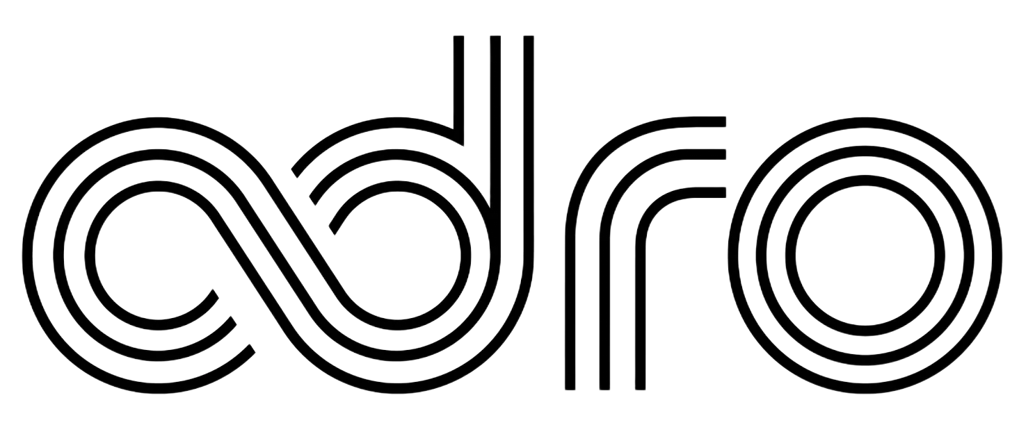 Black stylized lowercase “adro” logo in a looping line design on a white background