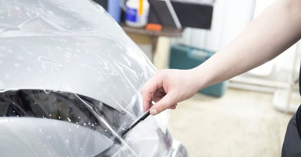 Hand holding a car window scraper beside a snow-covered vehicle under a plastic cover