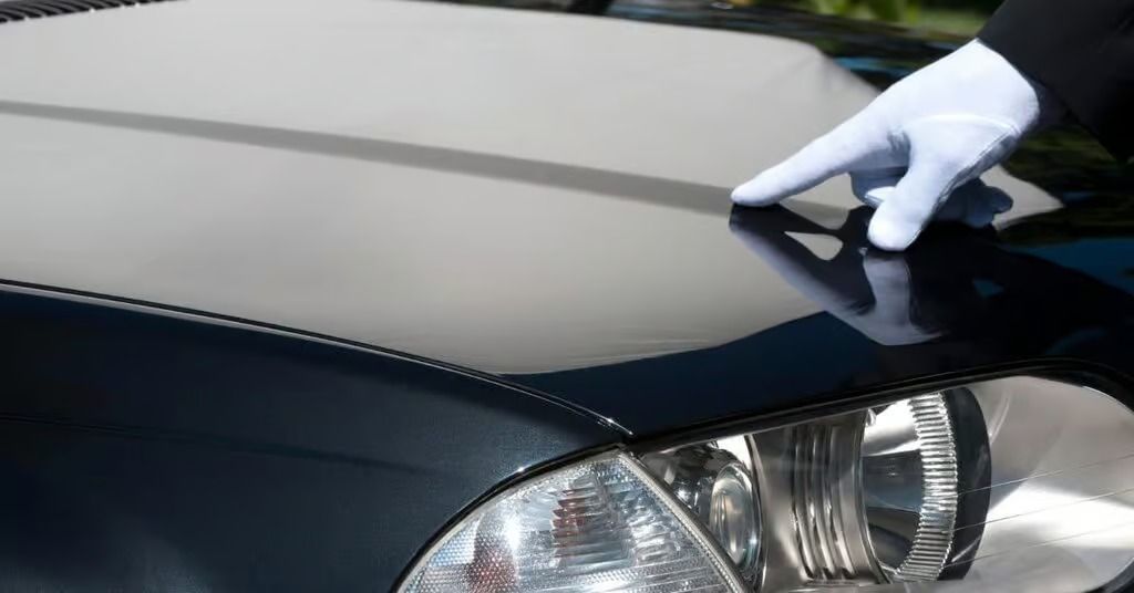 White-gloved hand polishing the glossy hood of a black car near the headlight.