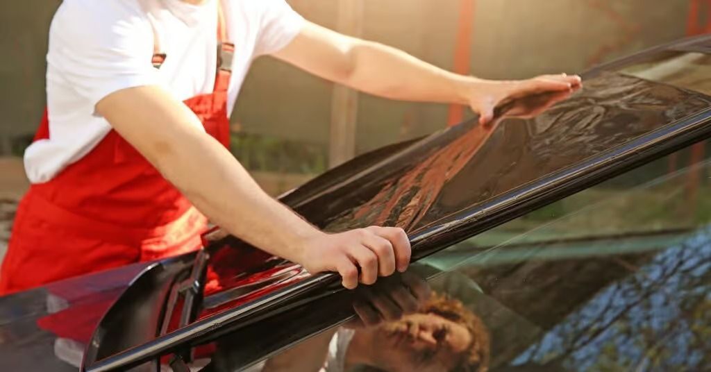 Person cleaning a car windshield with a squeegee, wearing a red-and-white shirt.