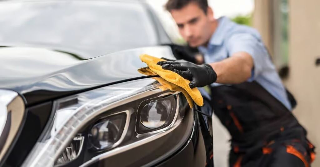 Detailing worker polishing a black car headlight with a yellow cloth