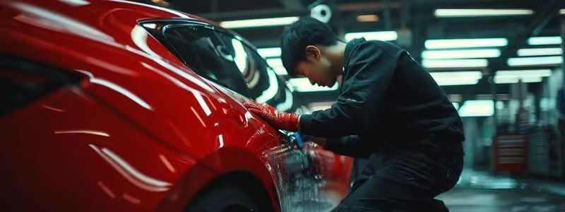 Mechanic polishing a red car in a garage with bright overhead lights