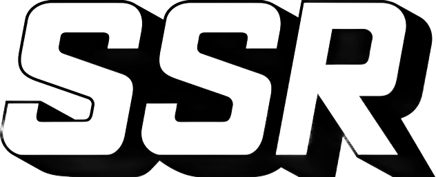 Bold white SSR letters with black shadow on a light background