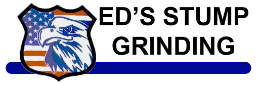 Logo: Bald eagle head in shield with American flag, "ED'S STUMP GRINDING" on white, blue underline.