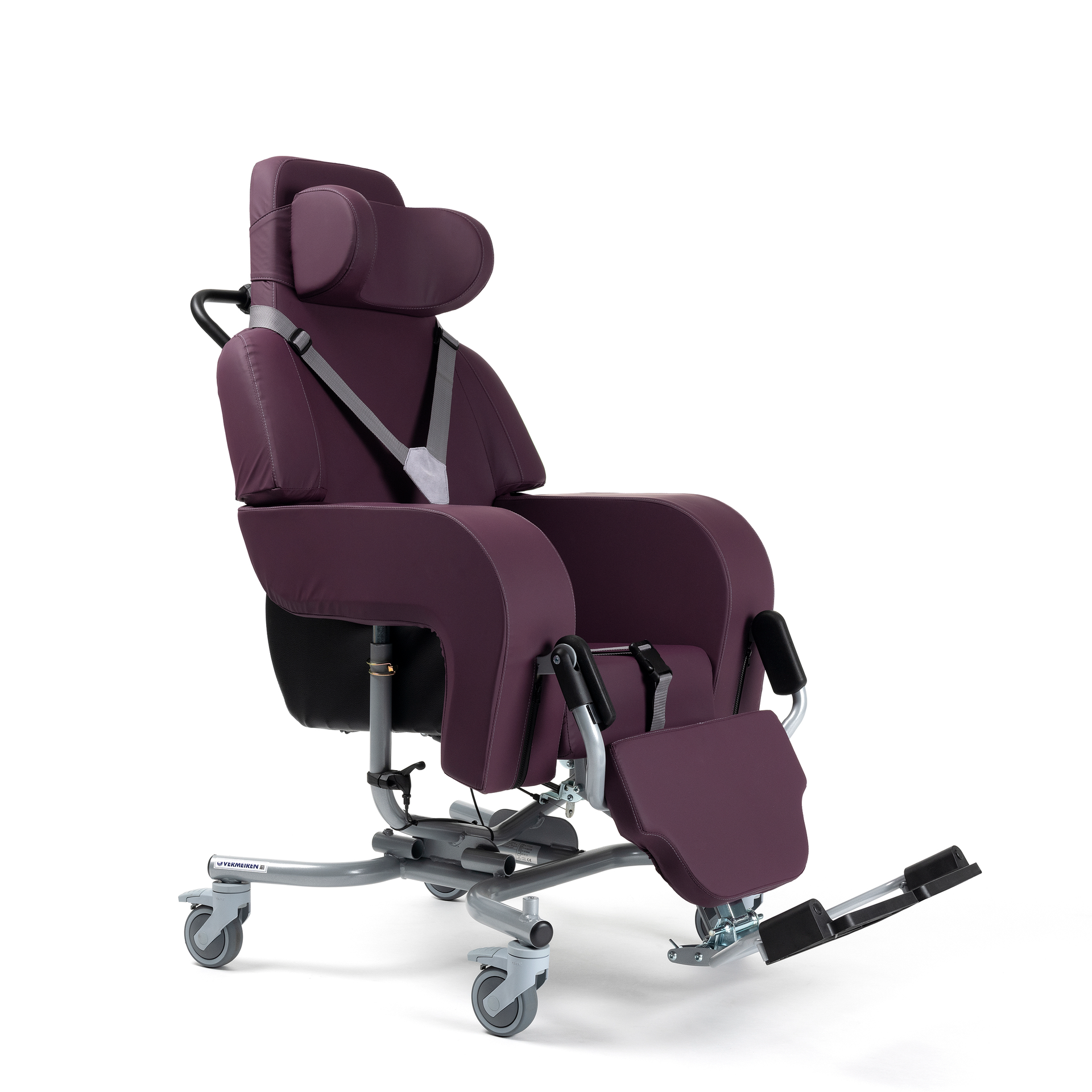 Maroon reclining wheelchair with headrest, footrest, and wheeled base on a white background
