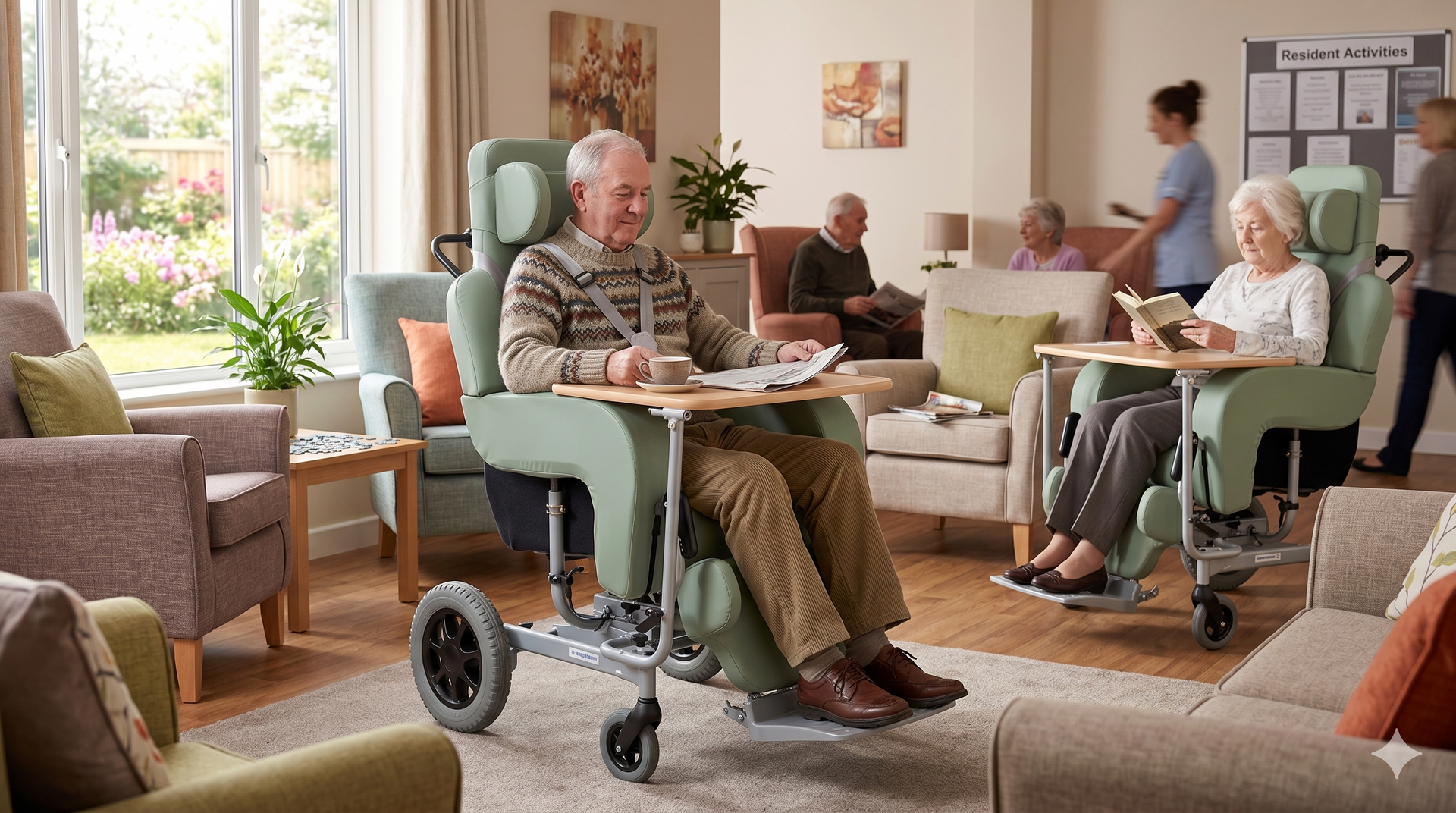 Residents relaxing in a bright senior living lounge, chatting and reading on armchairs and a walker nearby