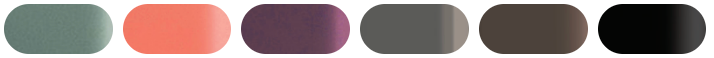 Six rounded color swatches in muted green, coral, plum, gray, brown, and black.