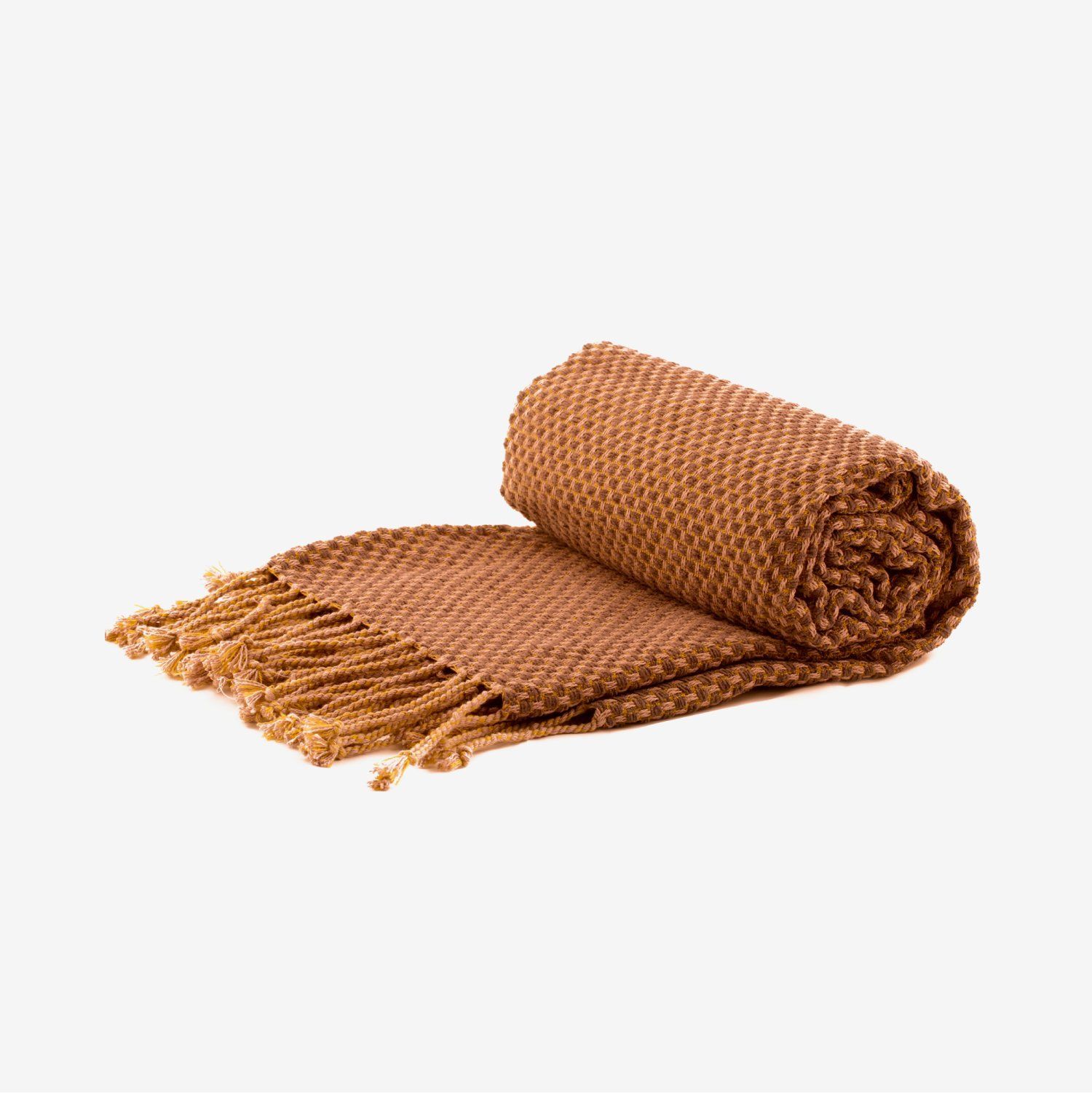 Rolled brown woven blanket with fringed edge on a white background