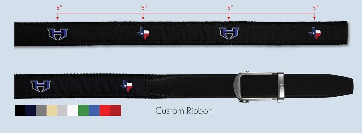 Black custom ribbon belt with silver buckle and colorful logo accents on white background