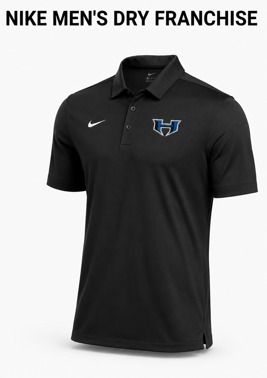 Black Nike men’s dry polo shirt with white swoosh and blue H logo