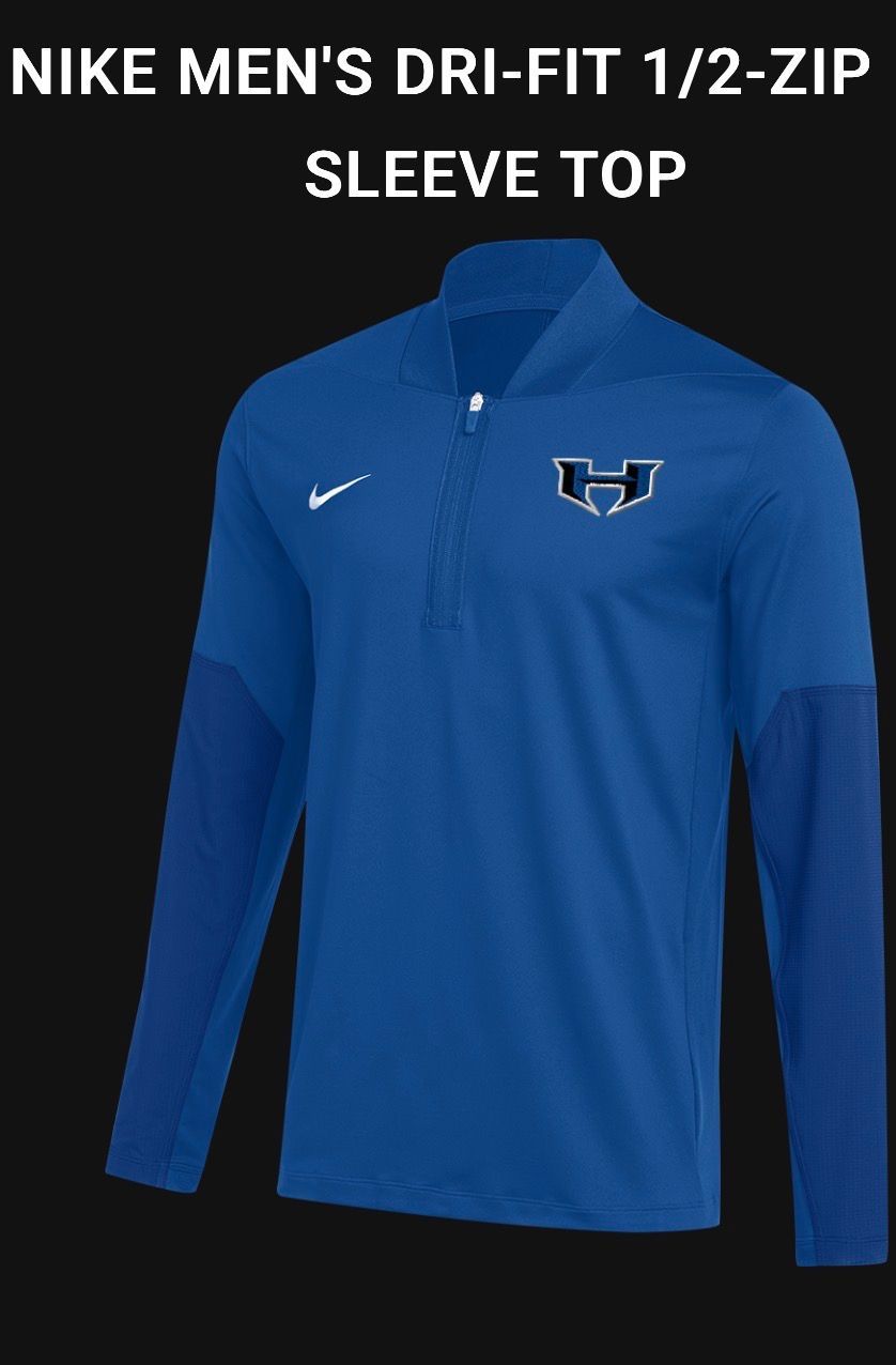 Nike men's blue Dri-FIT 1/2-zip long-sleeve top with chest logo on black background
