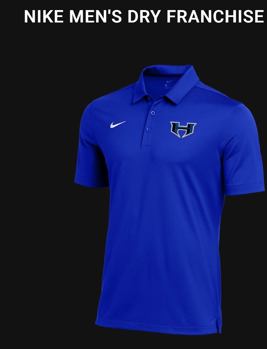 Blue Nike men’s Dry Franchise polo shirt with white logo and blue/white H emblem on black background