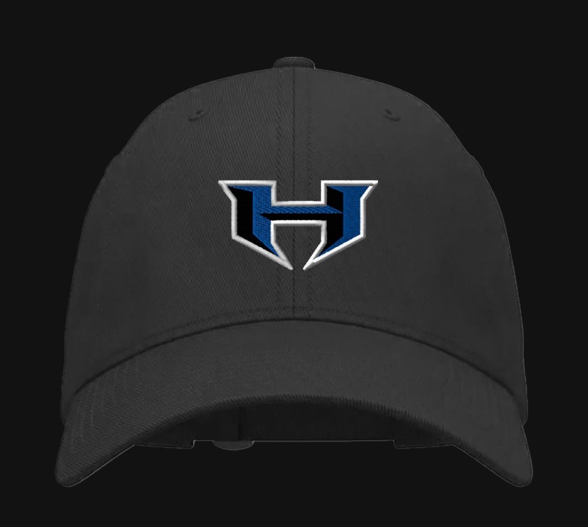 Black baseball cap with a blue-and-white stylized H logo centered on the front.