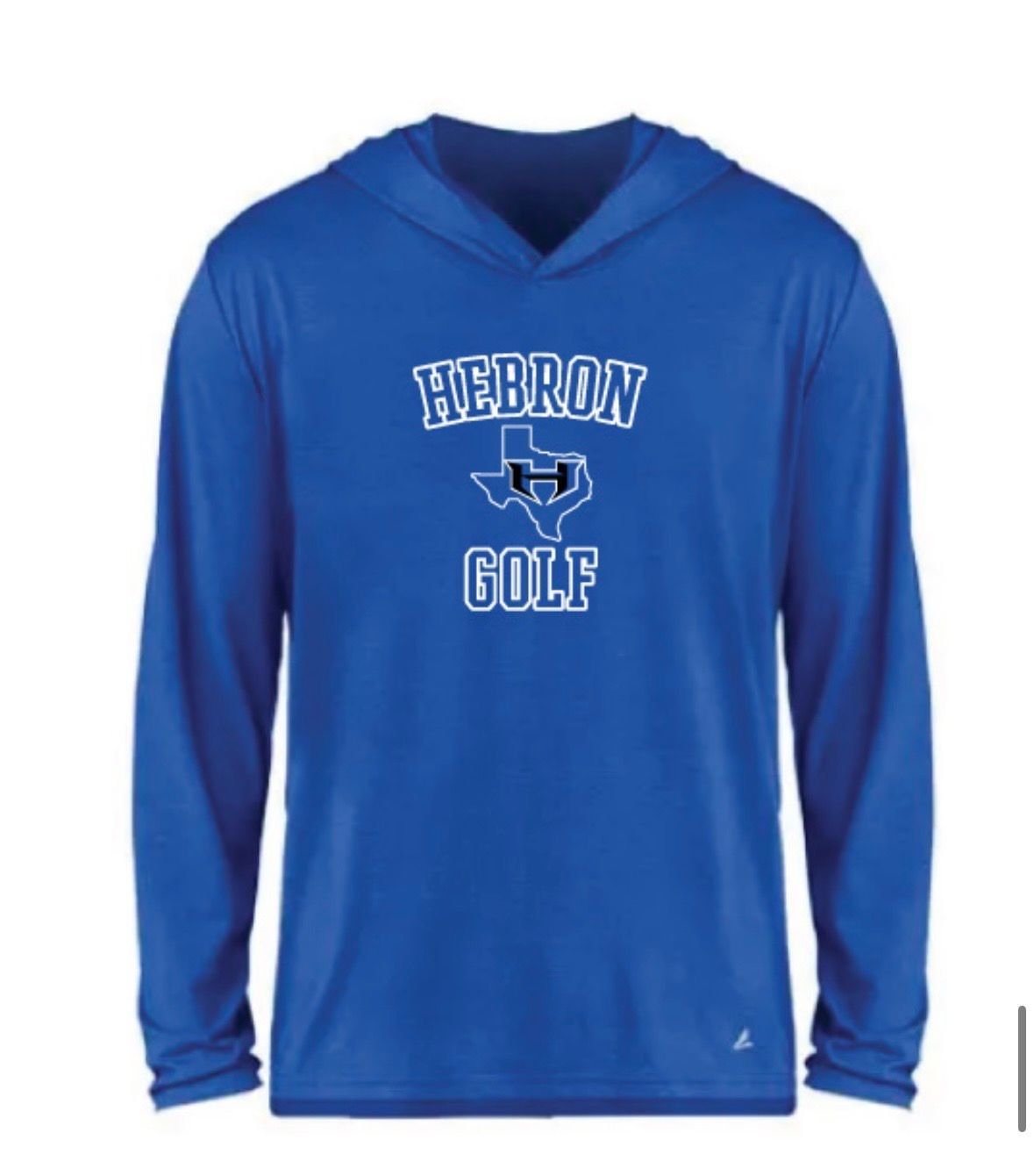 Blue long-sleeve hooded shirt with “HEBRON GOLF” logo on the chest