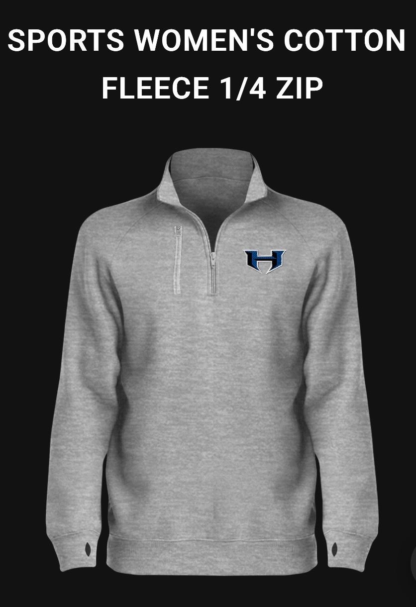 Gray sports women’s cotton fleece 1/4 zip pullover with a navy logo on the chest