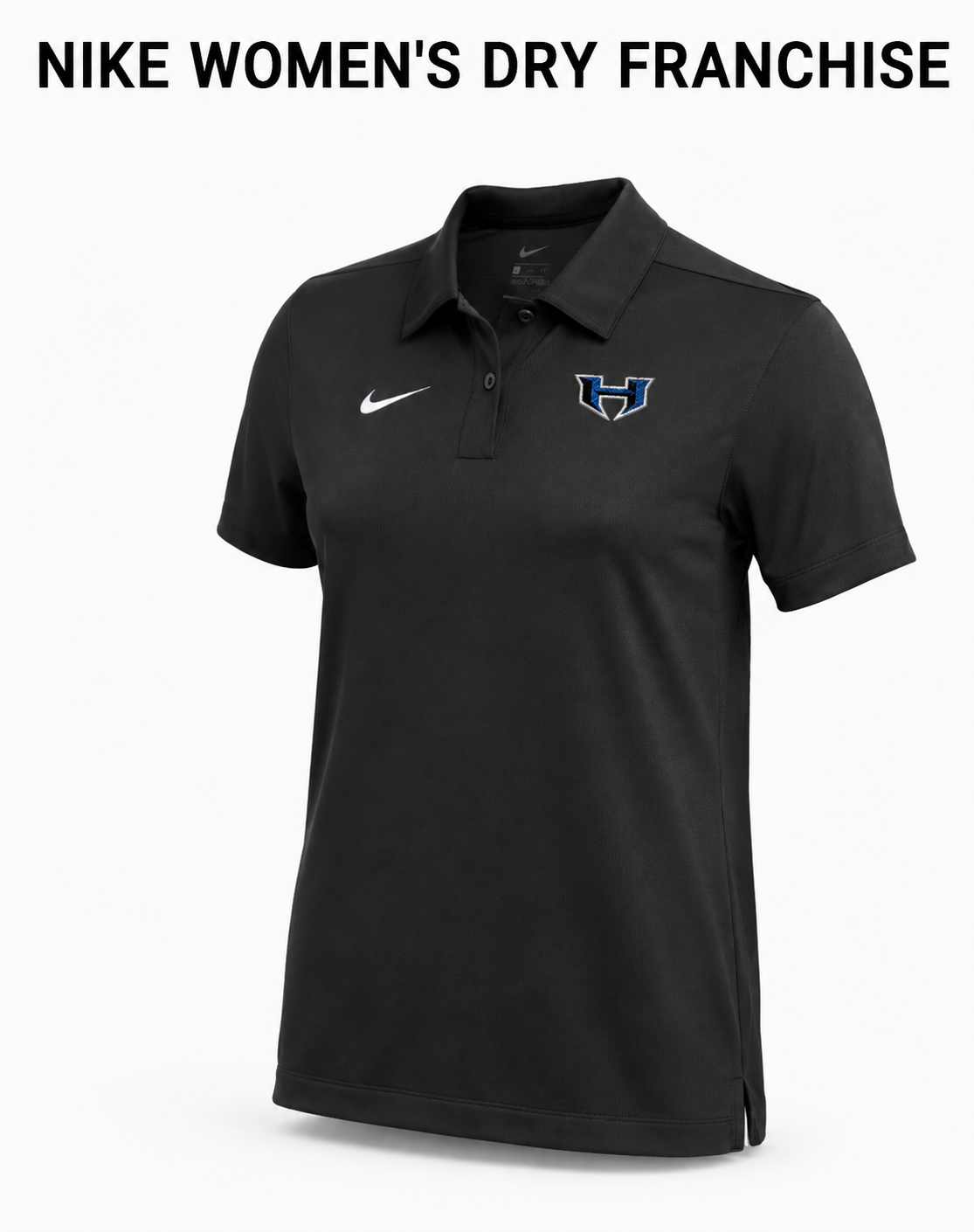Black Nike women's dry polo shirt with logo and blue emblem on the chest