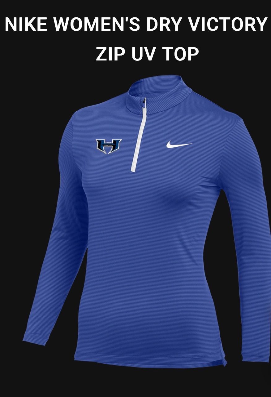 Nike Women’s Dry Victory Zip UV Top in blue, front view with short zipper and long sleeves