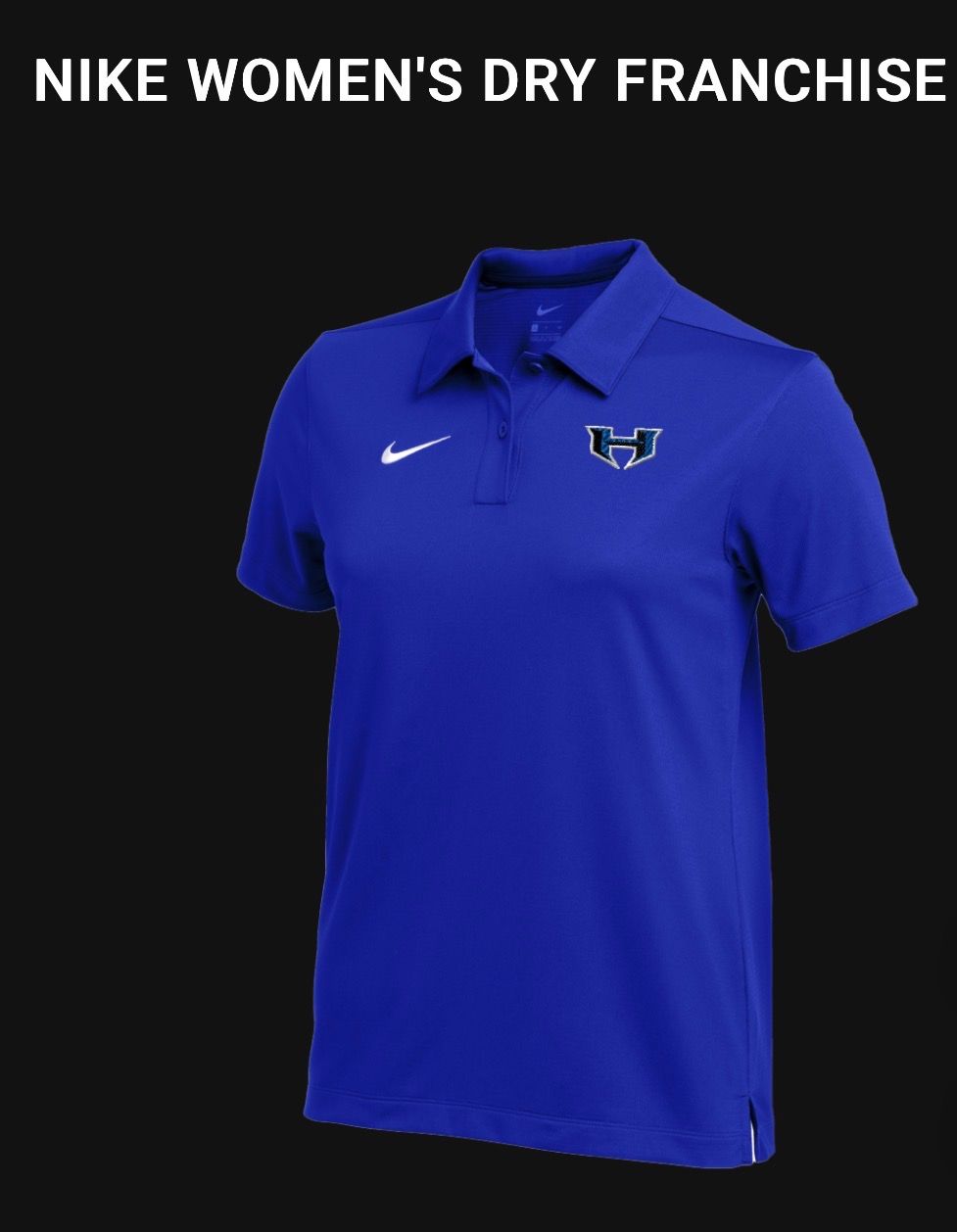 Blue Nike women’s Dry Franchise polo shirt with short sleeves and collar on black background