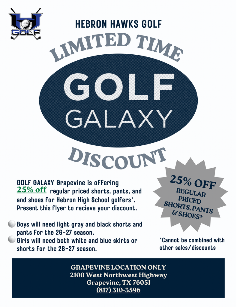 Hebron Hawks Golf limited-time Golf Galaxy discount flyer with 25% off and store details