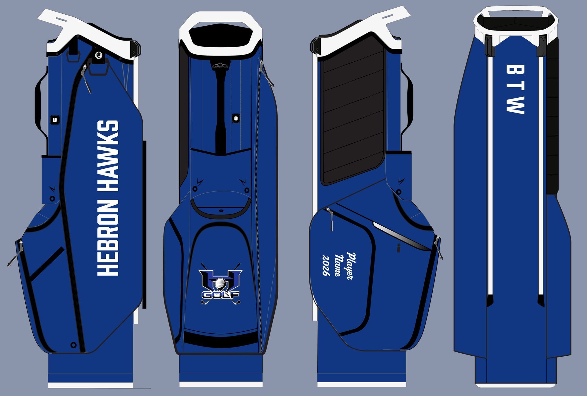 Blue and black golf bag with white 