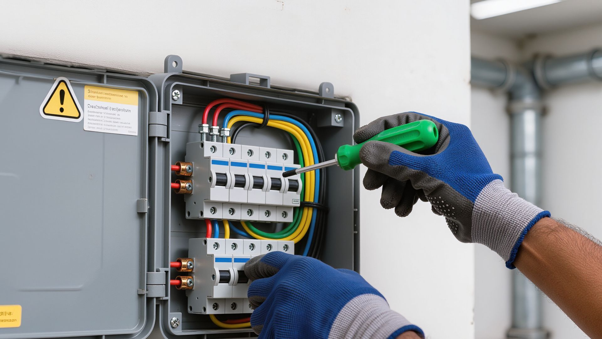 Gloved hands wiring an open electrical breaker panel with colored cables.