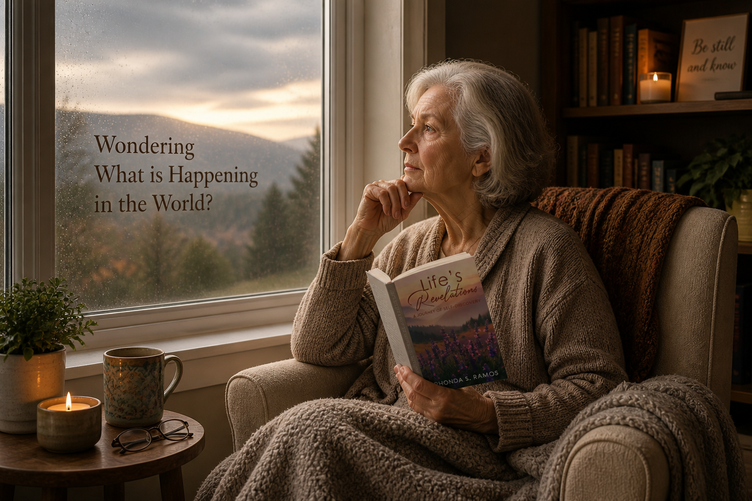 Elderly woman with a book gazes out a rainy window, candle lit, with “Wondering What is Happening in the World” text
